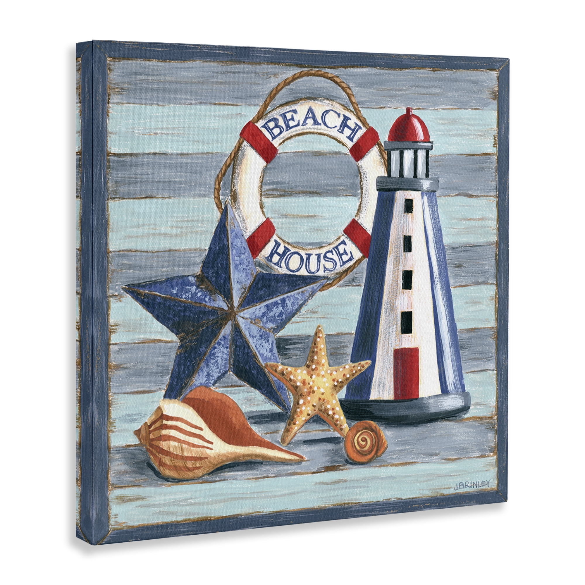 Stupell Industries Rustic Beach House on Stripes Nautical & Beach Painting Wrapped Canvas Art Print Wall Art, 17 x 17