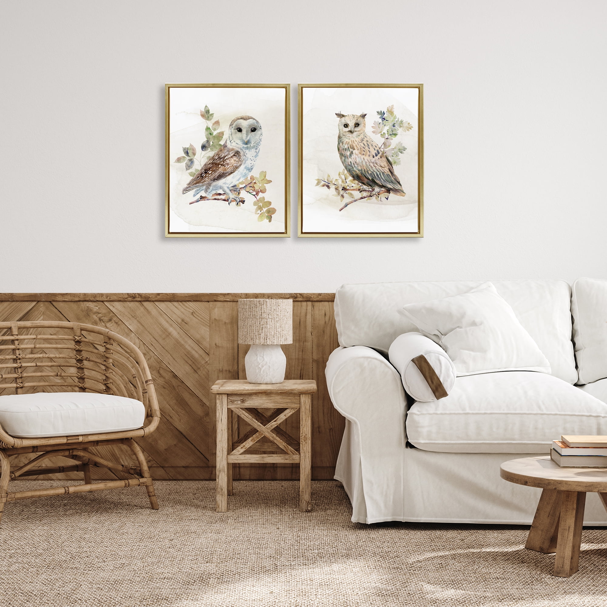 Stupell Industries Owls Perched in Foliage 2 Piece Gold Framed Floater Canvas Set, design by CAD Designs