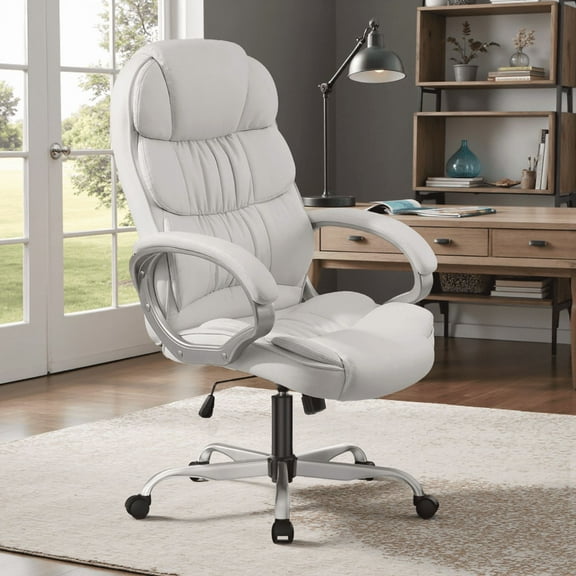 Furmax High Back Office Adjustable Ergonomic Desk Padded Armrests Executive PU Leather Swivel Task Chair with Lumbar Support, White