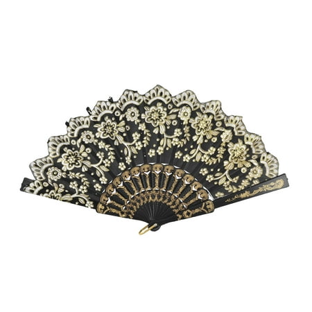 Folding Hand Fan - Summer Women Party Plastic Handle Flower Print Folding Hand Fan Black White