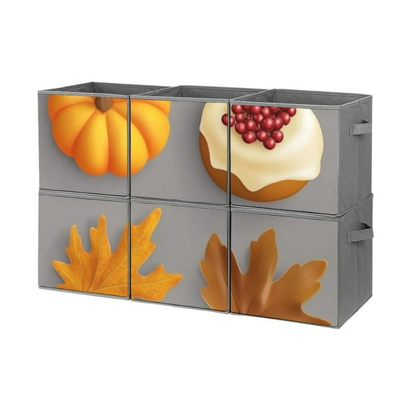 Collapsible Oxford Fabric Storage Cubes with Handles, Large Mid Foldable Oxford Cloth Bins Set of 2/6, Closet Organizers for Shelves Clothes Home Kitchen Toy - Pumpkins and fall leaves.