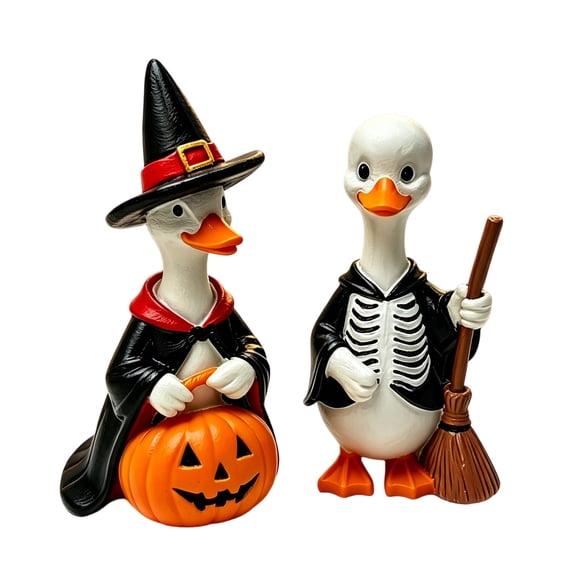 2-Piece Halloween Goose Pumpkin Witch Skeleton Resin Figurine Set, 2026 Fall Spooky Party Tabletop Decor, Farmhouse Ornament for Home Shelf Mantel Indoor Display