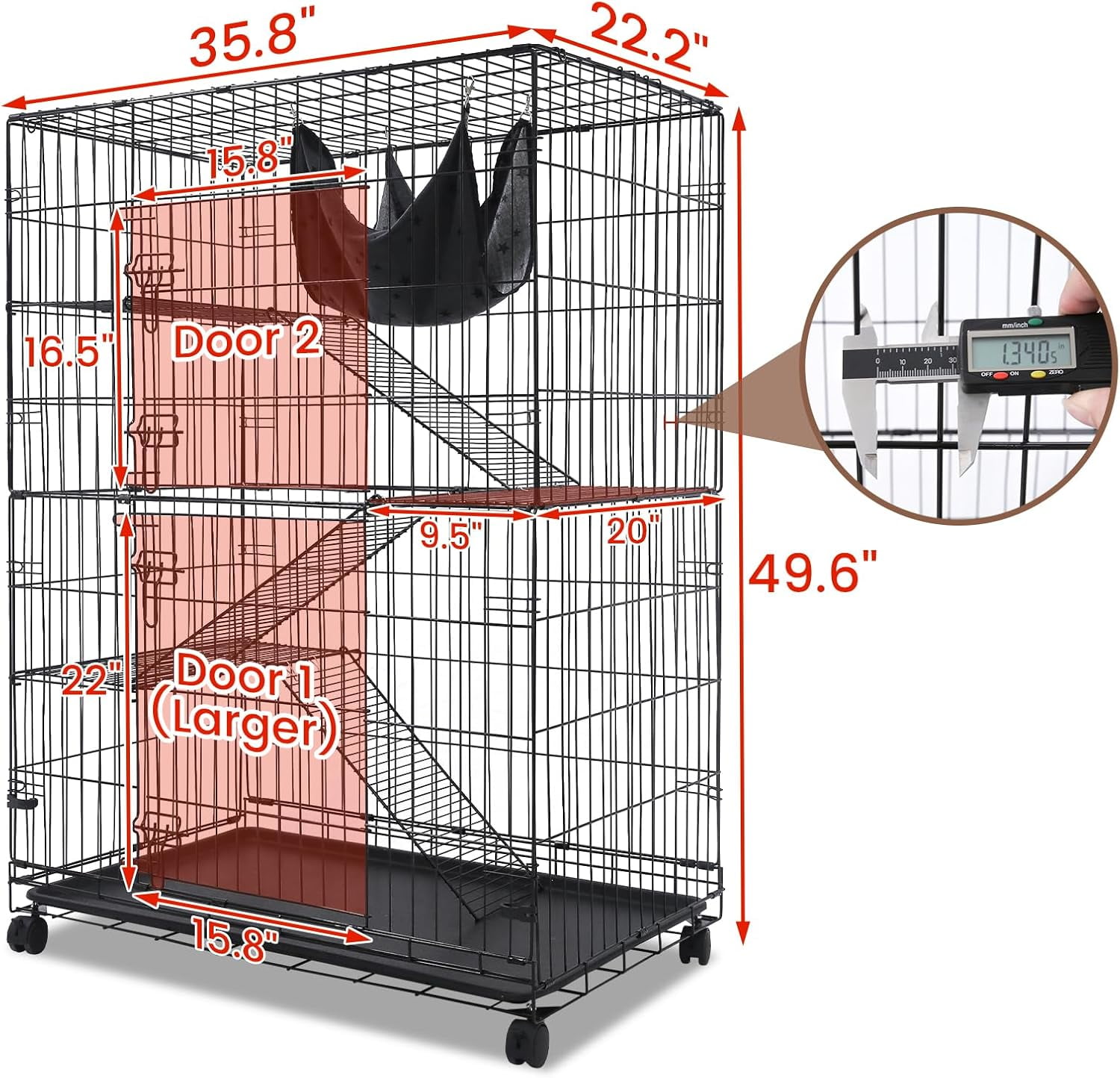 Homey Pet 51 Inch Cat Cages Indoor, Large 4-Tier Cat Crates for Indoor Cats, Collapsible Metal Wire Cat Enclosures Big Kennel for Adult Cats Kitten  with Hammock, Ladders, 360° Wheels