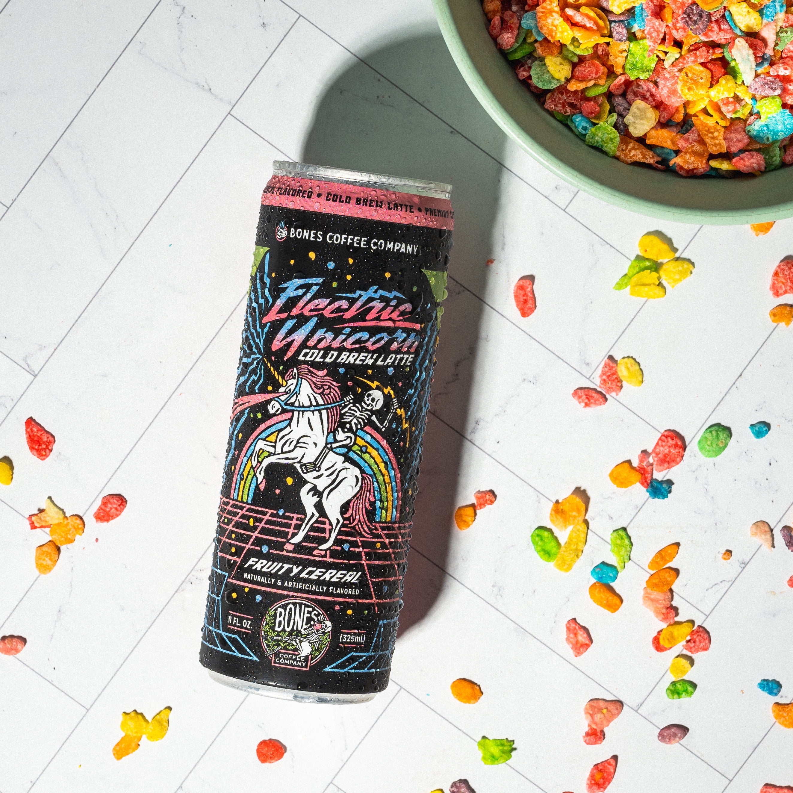 Bones Coffee Electric Unicorn Cold Brew Latte with Fruity Cereal