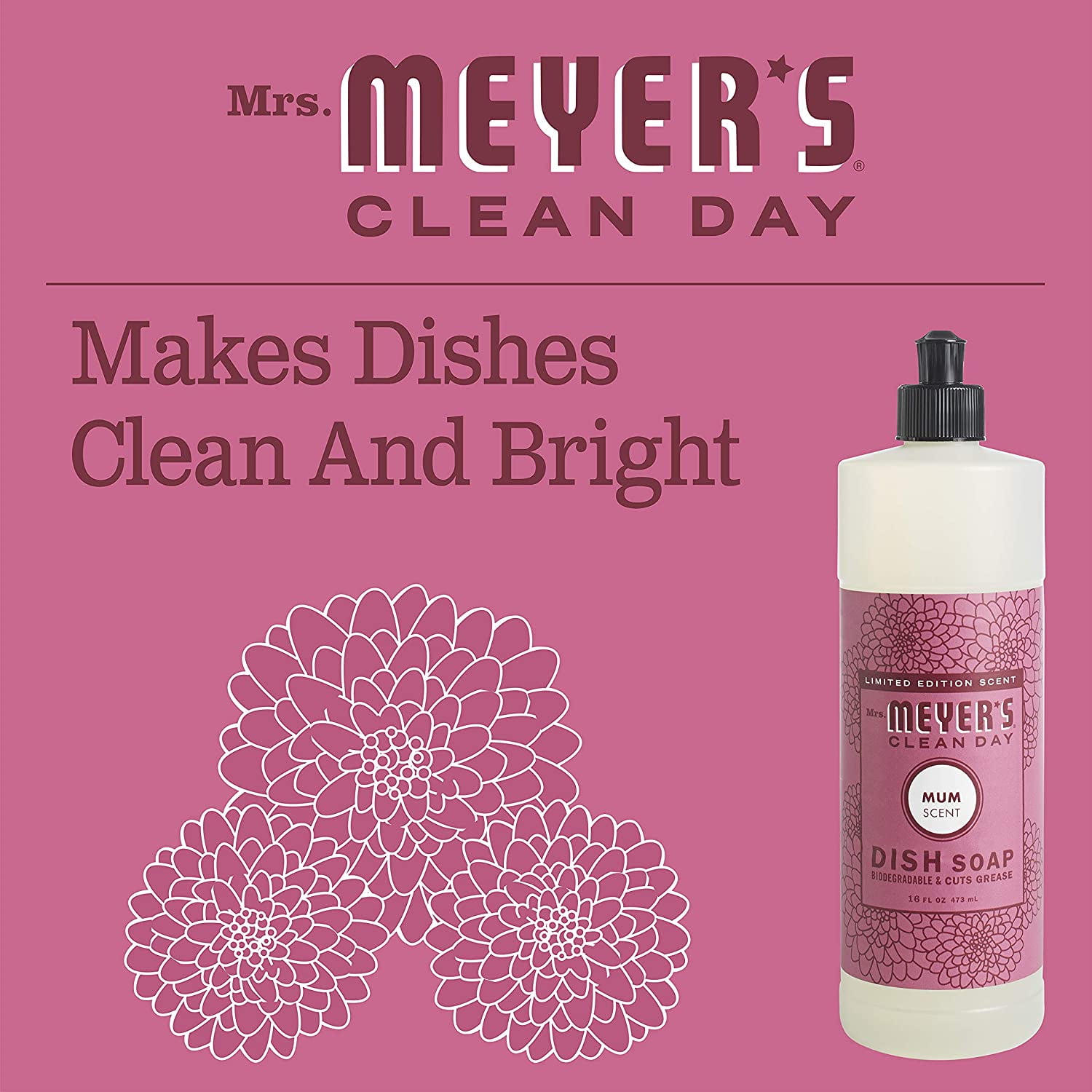 Mrs. Meyer's Clean Day Liquid Dish Soap, Mum Scent, 16 Fluid Ounce, 6 Count