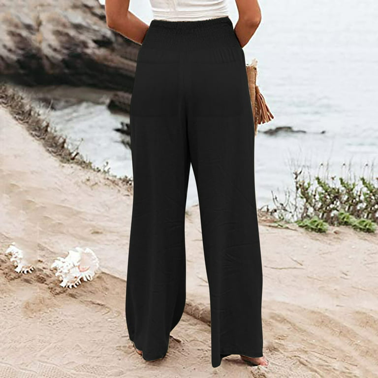 TOWED22 Women Summer High Waisted Cotton Linen Palazzo Pants Wide Leg Long  Lounge Pant Trousers with Pocket(Black,XL)