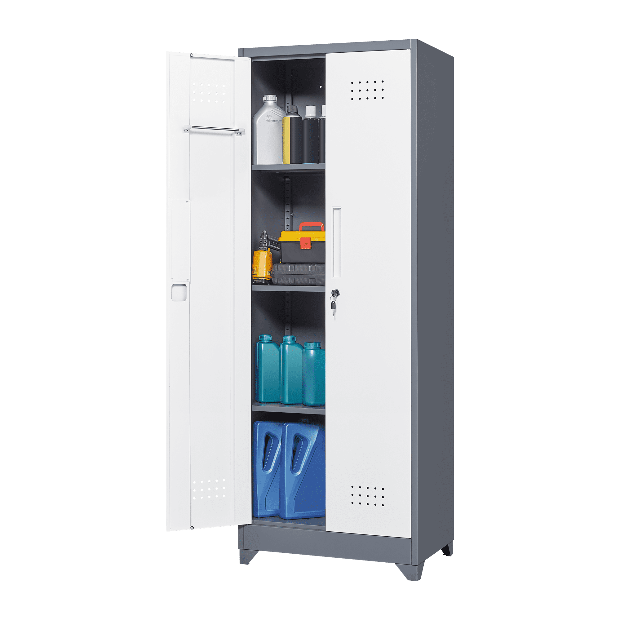 65" H Broom Closet Storage Cabinet with Locking Doors,Metal Garage Storage Cabinet with Hanging Rod & S-Hooks for Garage,Bathroom Office,Grey+White