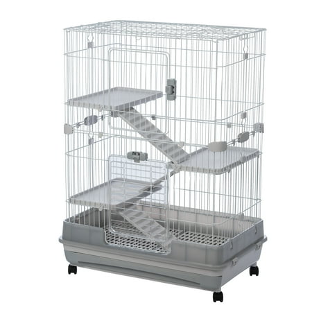 CLEARANCE! 【VIDEO provided】4-Tier 32"Small Animal Metal Cage Height Adjustable with Lockable Casters Grilles Pull-out Tray for Rabbit Chinchilla Ferret Bunny Guinea Pig Squirrel Hedgehog(GREY)