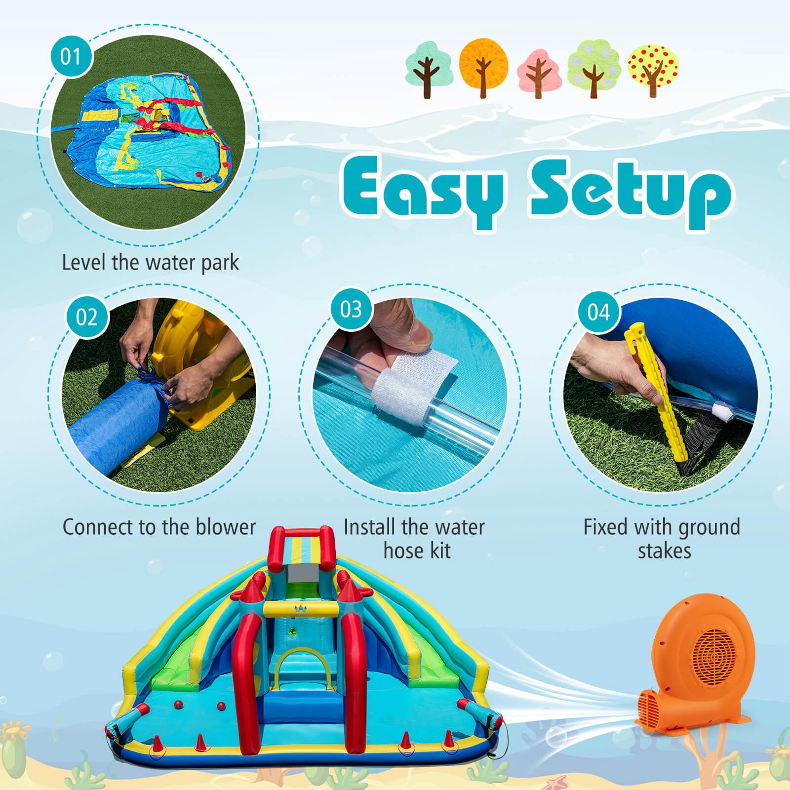 Costway Inflatable Water Park with Climbing Wall Splash Pool Water Cannons 750W Blower