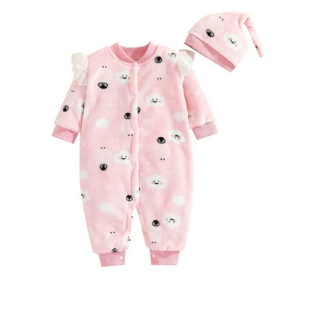 

ZIYIXIN Newborn Baby Girls Flannel Romper Clothes Button Closure Long Sleeve Pants Fleece Jumpsuit Nightwear with Hat Set Pink 12-18 Months