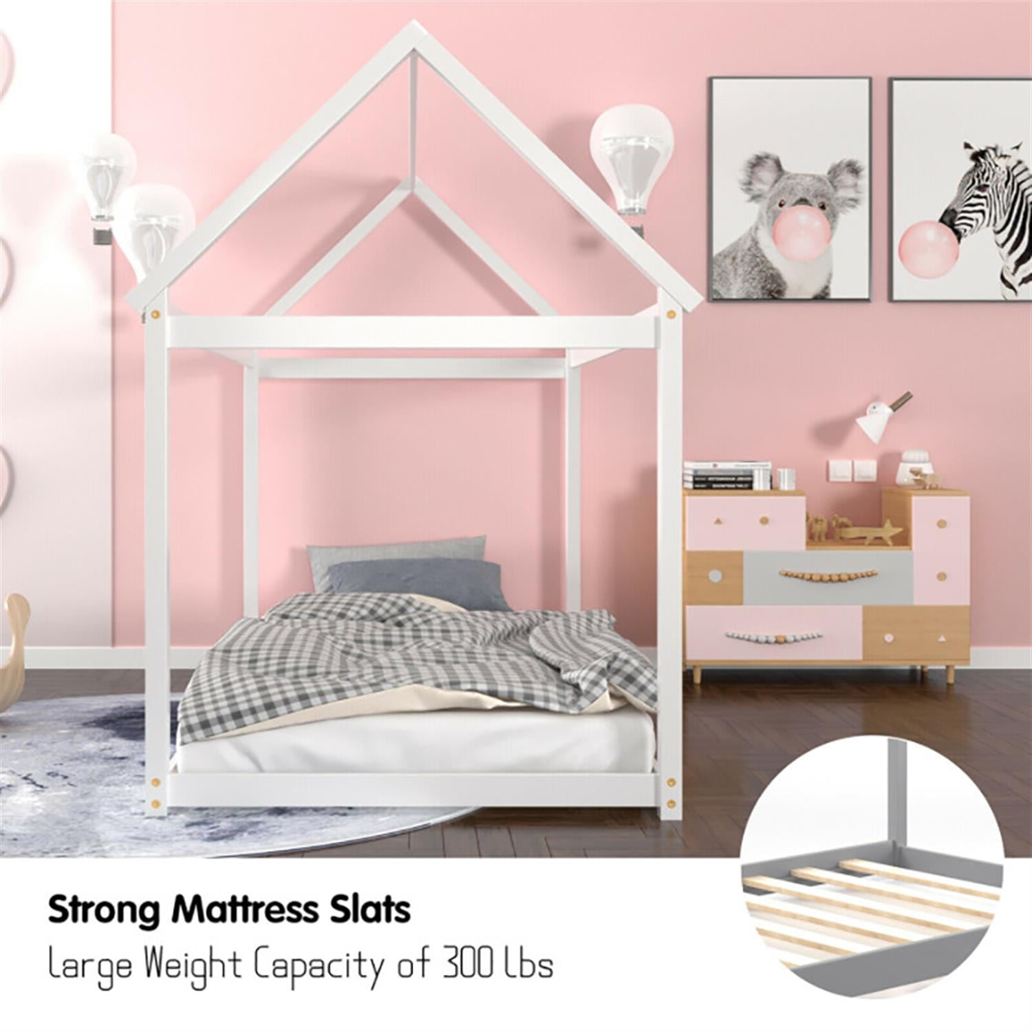Demi Bonn Stable Floor Bed Frames with Roof ang Heavy-Duty Slats, Modern House Bed for Teens, White