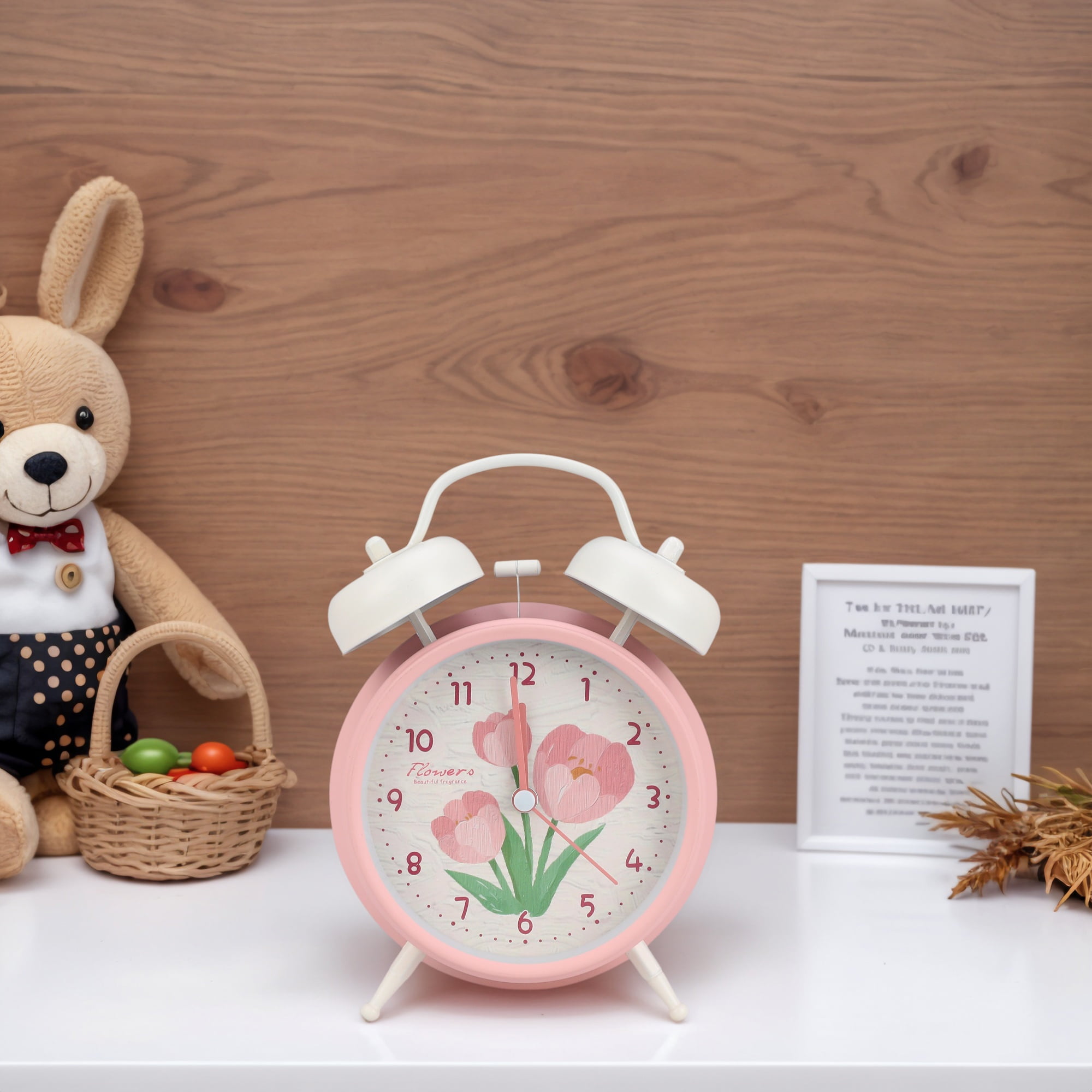 Unique Bargains Floral Vintage Metal Alarm Clock Pink 4.6"L x 2.2"W x 6.6"H