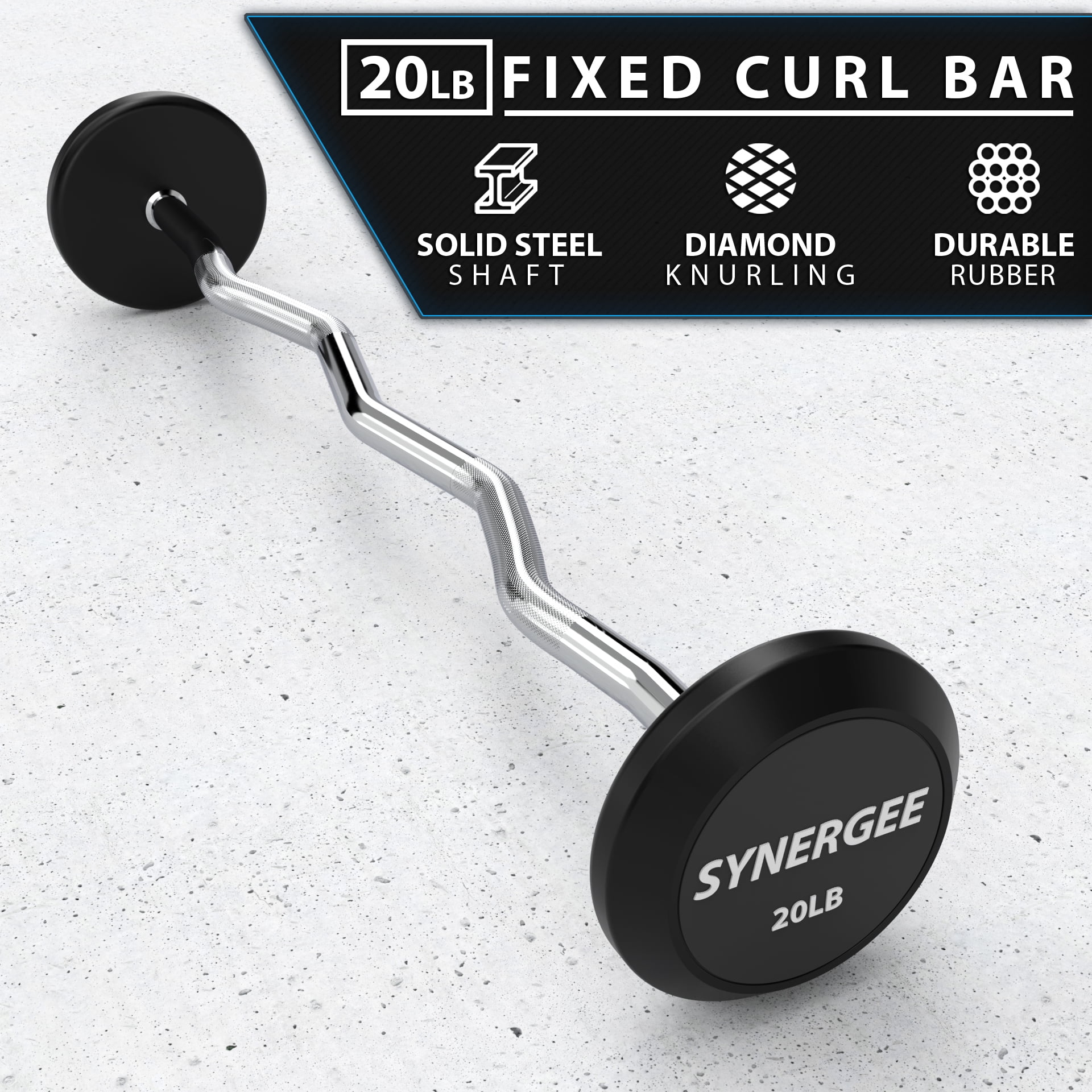 Synergee Fixed 20LB Easy Curl Bar Pre Weighted Curved Steel Bar with Rubber Weights - Fixed Weight