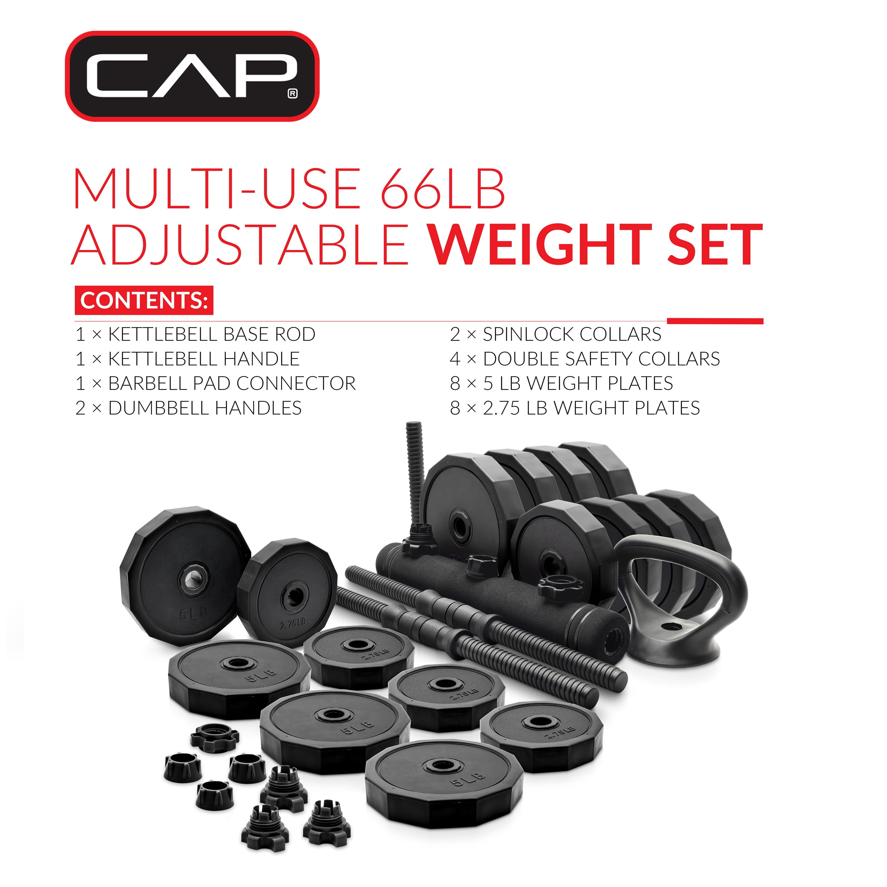 CAP 66lb Multi-Use Weight Set - Adjustable Dumbbell, Barbell & Kettlebell  for Full-Body Workouts, Black - Walmart.com