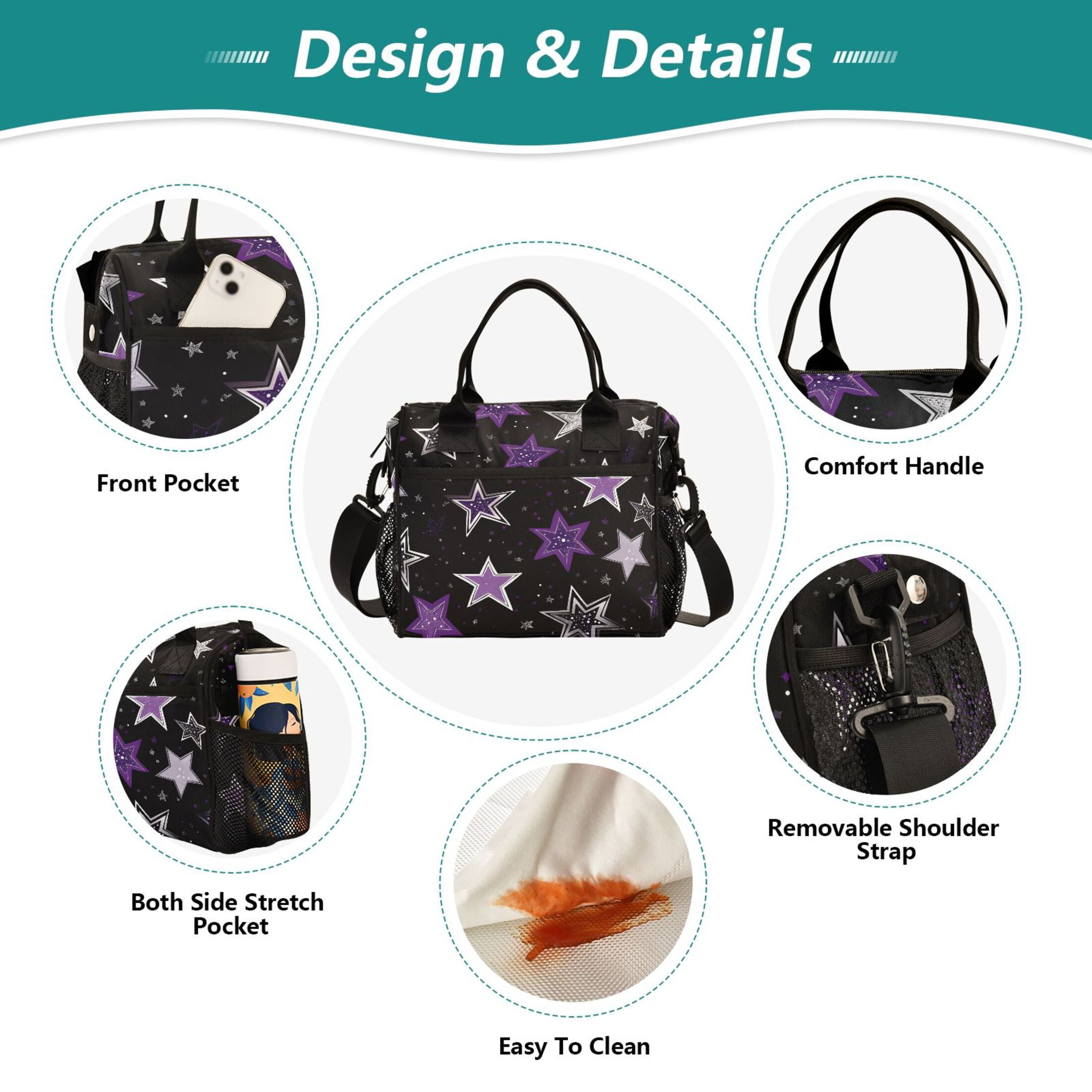 Lunch Bag Insulated Lunch Box Leakproof Reusable Cooler Tote Adjustable Shoulder Strap for Men Women Stars with Silver and Purple 9L
