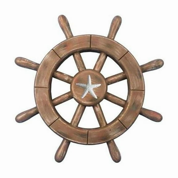 Handcrafted Decor rustic-wood-sw-12-starfish Rustic Wood Finish Decorative Ship Wheel with Starfish- 12 in.
