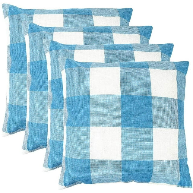 BAMAIA Pack of 4 Plaid Cotton Linen Soft Solid Decorative Square Throw Pillow Covers Home Decor Design Set Cushion Case for Sofa Bedroom Car 18 x 18 Inch Light Blue-White