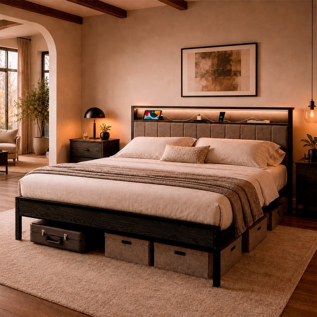 Base Cama Kingsize Cabecera Repisas Luz Led Usb C Contactos