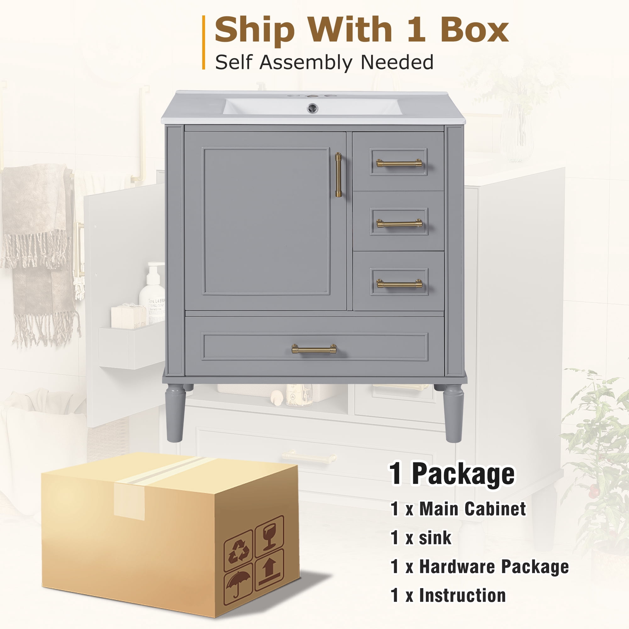 Harper & Bright Designs 30" Bathroom Vanity Sink Combo with Soft Closing Door and 3 Drawers, Bathroom Storage Cabinet with Solid Wood Frame, Gray