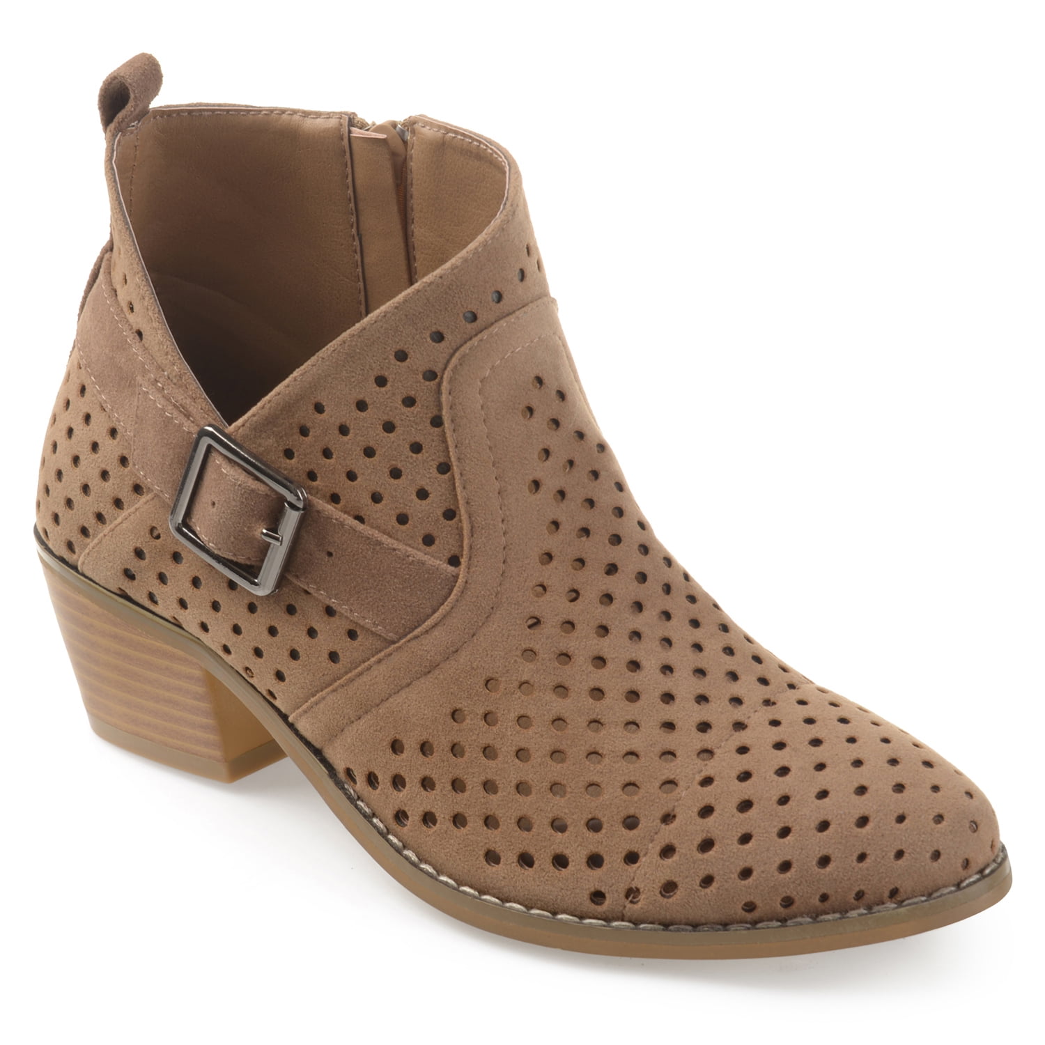 Women's Perforated Faux Suede Stacked Heel Asymmetrical Booties