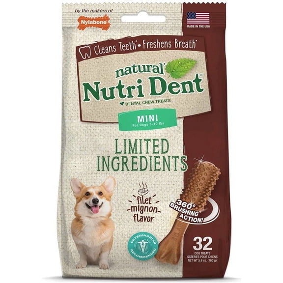 Nylabone Natural Nutri Dent Filet Mignon Dental Chews - Limited Ingredients [Dog, Dental & Breath Aids] Mini - 32 Count
