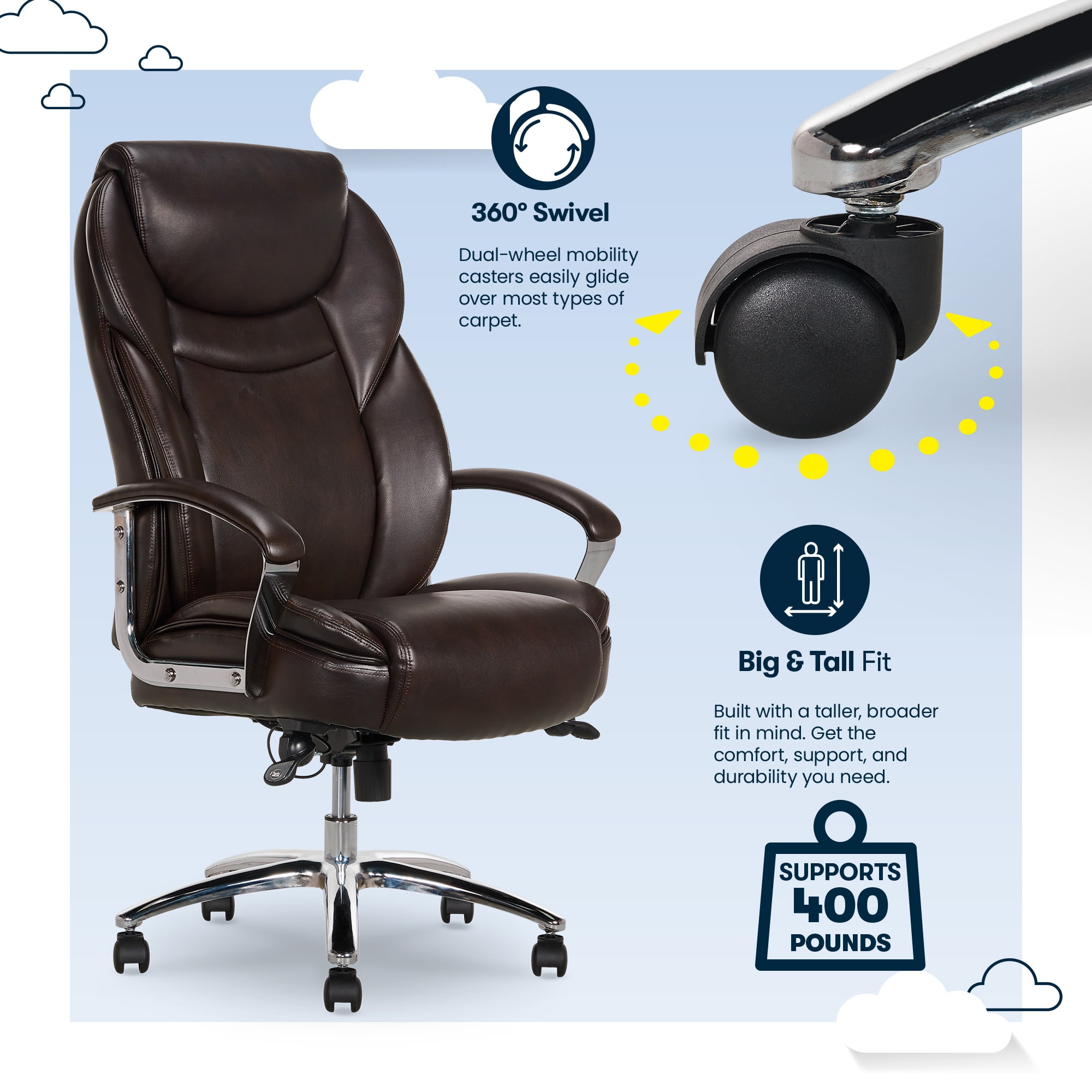 (2 pack) Serta Big & Tall High Back Office Chair, Heavy Duty Weight Rating, Brown Bonded Leather Upholstery