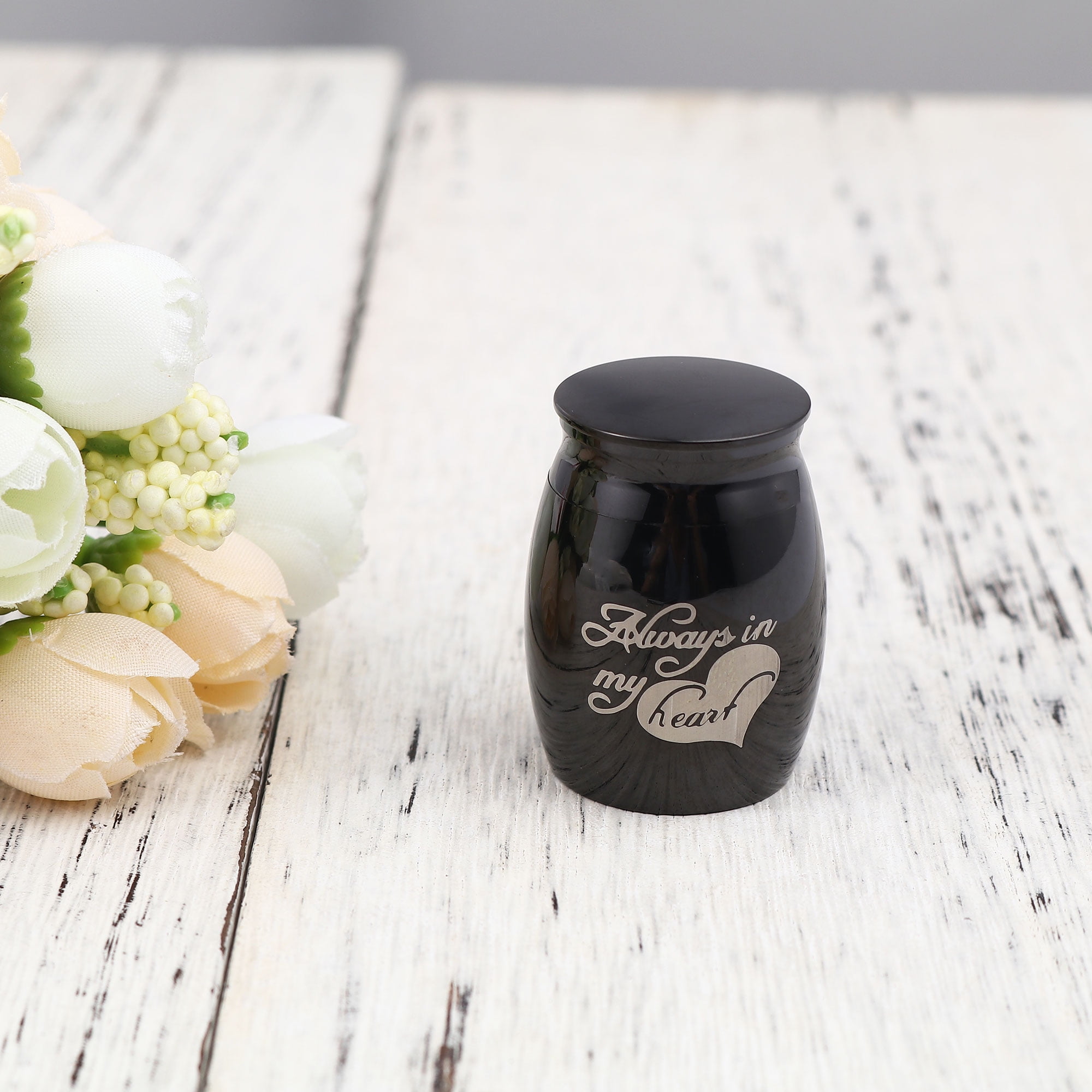 Always in my Heart Cremation Mini Urn, Small Memorial Urn Keepsake for Ashes, Memorial Urn for Pets, Mini Urn for Cremated Ashes, Memorial Keepsake Ashes Urn [Always in my Heart, Black, No Engraving]