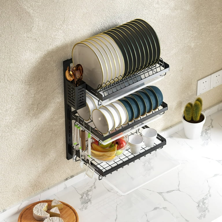 Wall Mounted Dish Drying Rack, 3 Tier Stainless Steel Hanging Dish
