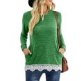 thumbnail image 1 of Women Long Sleeve Pullover Top Round Neck Lace Hem Side Pockets Casual Stylish Women Sweatshirt Green S, 1 of 6