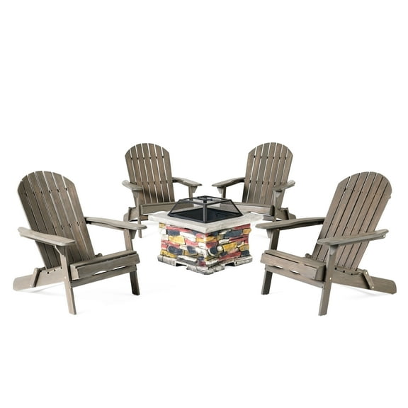 GDF Studio Kingston Outdoor Acacia Wood 5 Piece Adirondack Chair and Fire Pit Set, Gray and Natural Stone