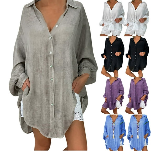 YanHoo Womens Oversized Linen Shirts Blouses Tops Long Roll-up Sleeve High Low Button Up Curved Shirts 2026 Solid Shirts Blue,XXXXL