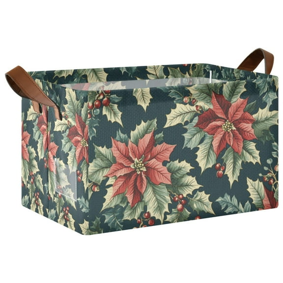 Yayeee Foldable Storage Basket for Shelves with Handles Waterproof Cloth Bins, Retro Christmas Poinsettia