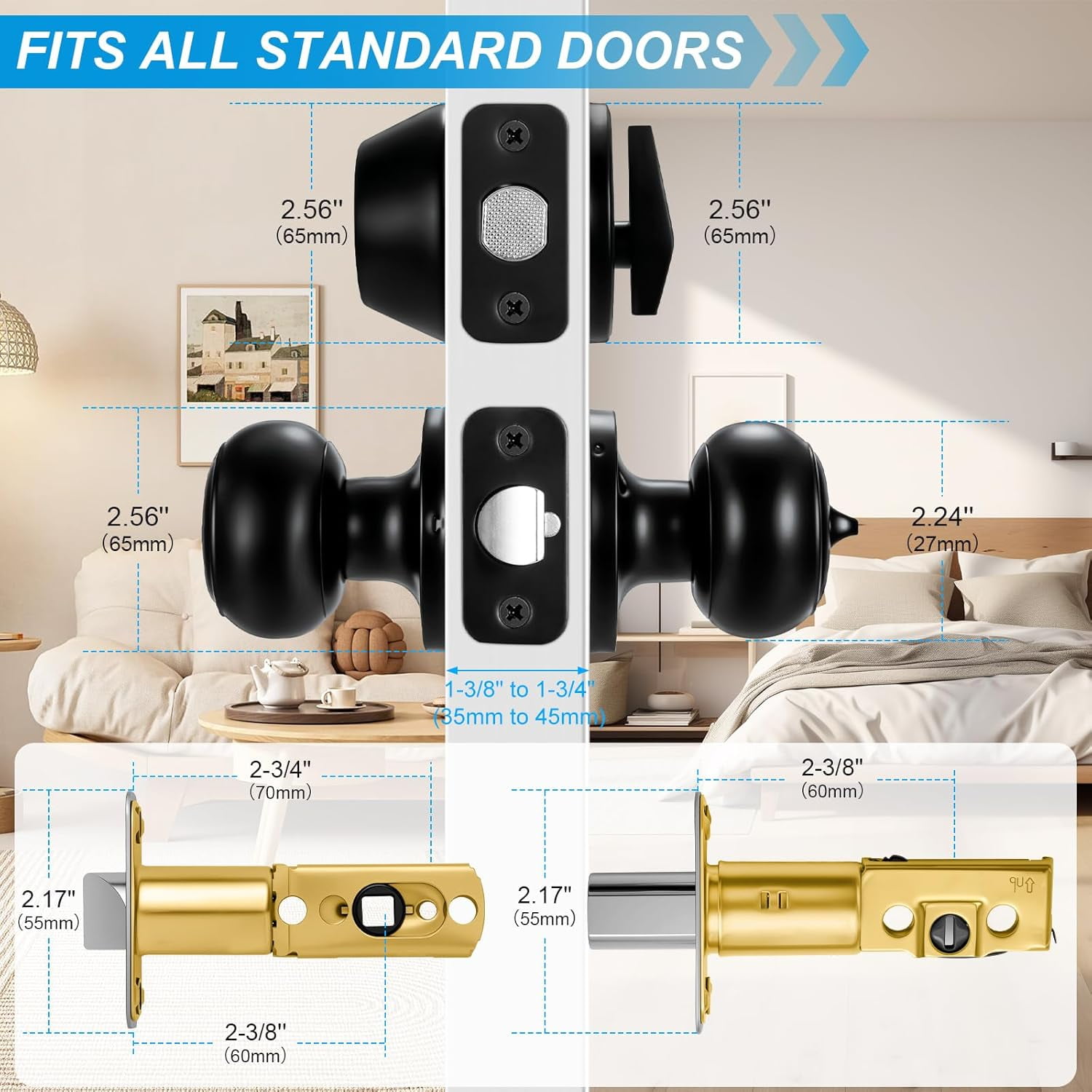 3 Pack Front Door Lock Set Matte Black,Exterior Door Lock Set with Deadbolt,Single Cylinder Deadbolt Lock and Door Knob Set,Keyed Alike Door Knobs with Lock&Keys,Round Ball Entry Door Lockset