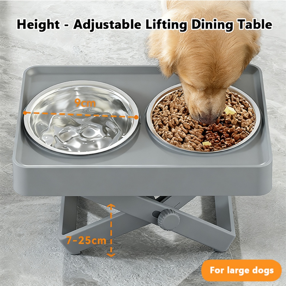 Adjustable Elevated Dog Feeding Station (7-25cm Height), Food-Grade Stainless Steel Bowls, Tip/Spill-Proof, Black/Gray, 1 Set