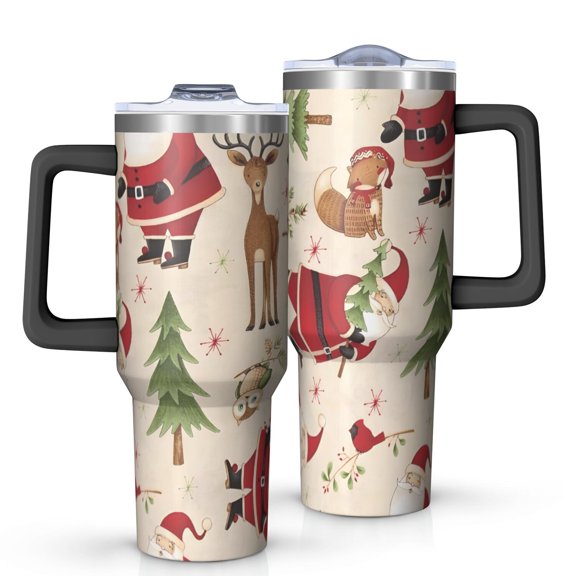 Beige Christmas Santa and Animal Pattern Tumbler with Handle and Lid,40oz Double Wall Vacuum Insulated Tumbler,Cups Gift for Women and Men