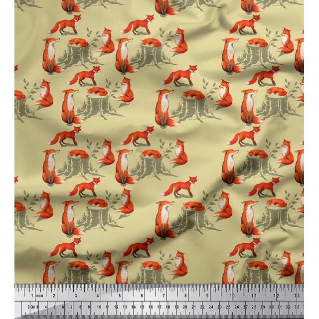 Soimoi Beige Cotton Duck Fabric Tree Stump & Fox Animal Print Sewing Fabric Yard 42 Inch Wide