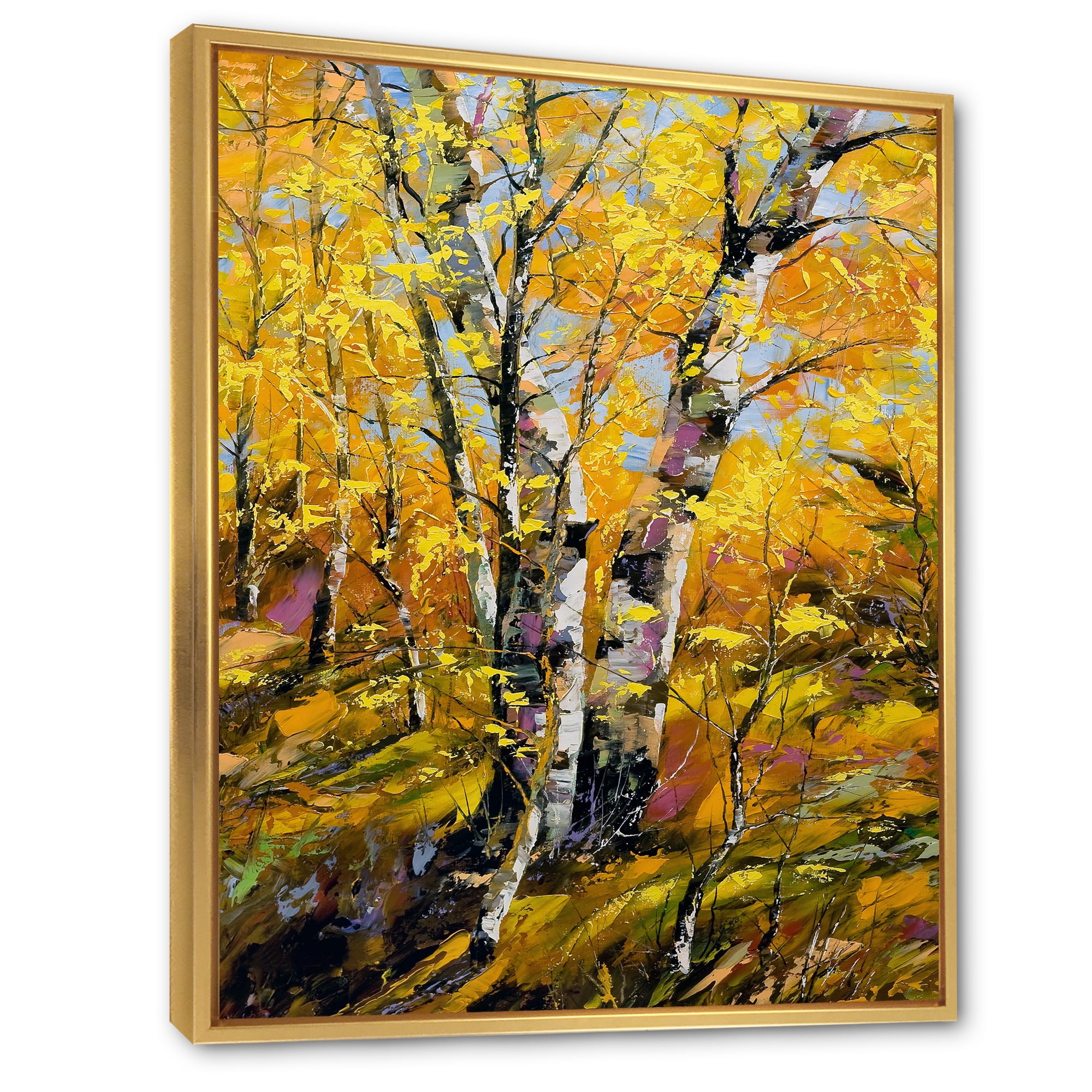 Birches In Yellow Autumn Wood Forest 16 in x 32 in Framed Painting Canvas Art Print, by Designart