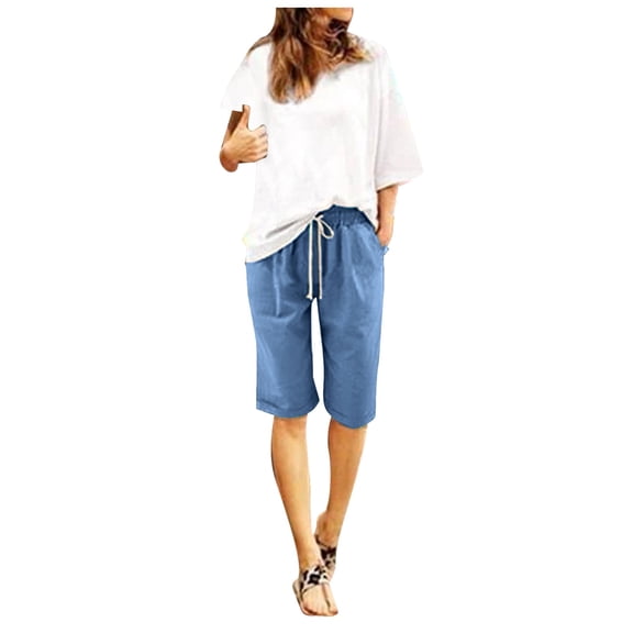 WAYUTE Shorts for Women Summer Cotton Pants Plus Size High Waisted Shorts Lacing Beach Workout Pocket Five Point Pants