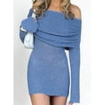 thumbnail image 2 of Women'S Off Shoulder Mini Skirt Bodycon Long Sleeve Crochet Out Going Mesh Elegant Sweater Dress Blue S, 2 of 8