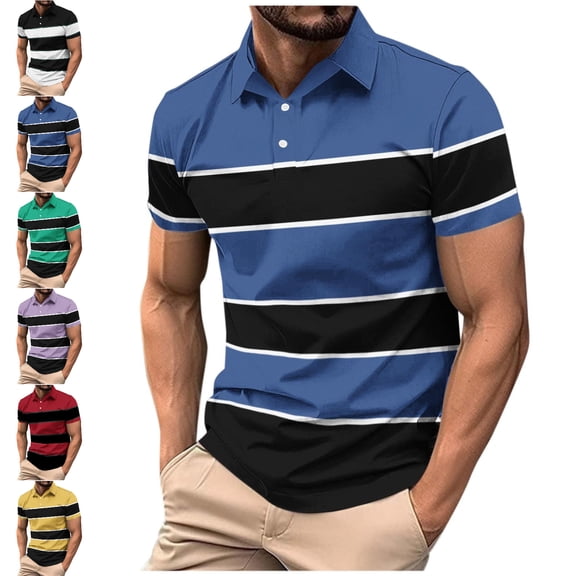 SGFCWSX Polo Shirts for Men Short Sleeve Striped Daily Slim Fit Casual Golf Shirts Blue Size M