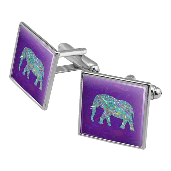 Mosaic Elephant Square Cufflink Set - Silver or Gold