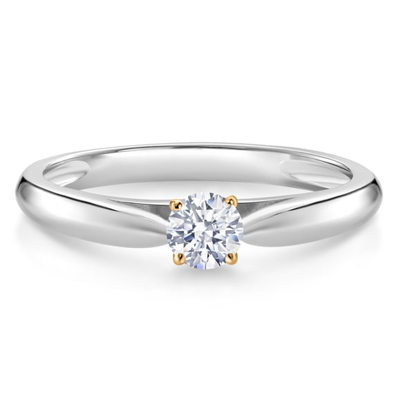 Gem Stone King 0.17 Ct Round White Zirconia 10K White and Yellow Gold Solitaire Engagement Ring (Size 6)