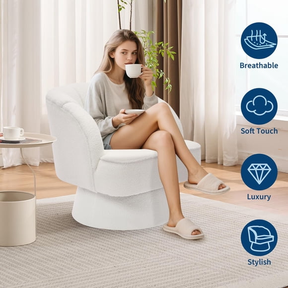 BeesClover Swivel Barrel Chair - Teddy Bear Velvet Upholstered Modern Armchair with Striped Backrest & Plush Padding, Round Lounge Chair for Living Room, Bedroom, Small Spaces, Beige