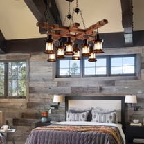 FINE MAKER 8-Light Vintage Wood Chandelier with Glass Lampshade