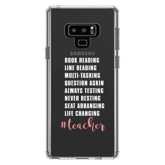 DistinctInk Clear Shockproof Hybrid Case for Samsung Galaxy Note 9 - TPU Bumper Acrylic Back Tempered Glass Screen Protector - Teacher Book Reading Line Multi Tasking