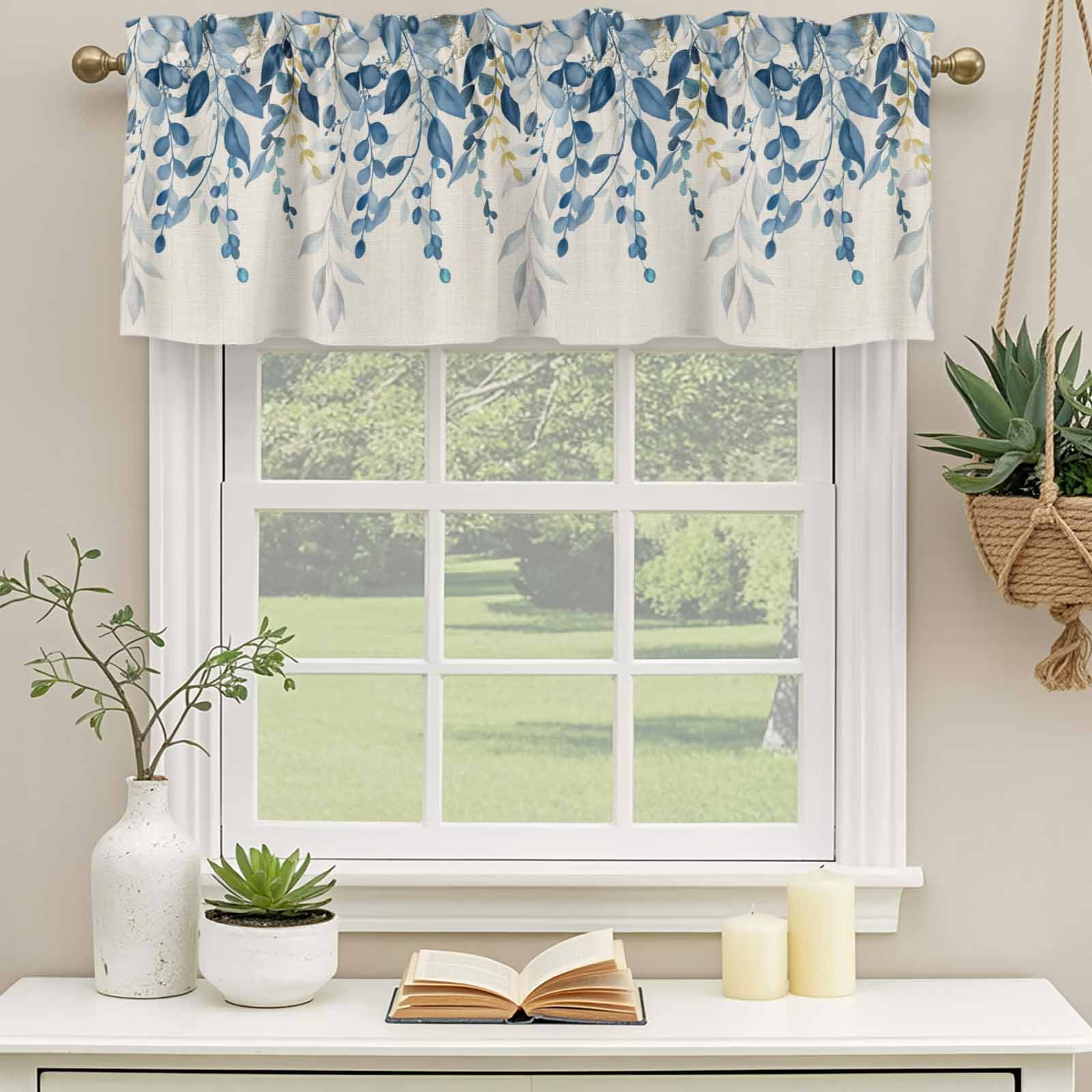 2 Pack Valances for Windows, Blue Eucalyptus Window Valances for Living Room/Bedroom/Bathroom, Farmhouse Weeping Leaves Linen Light Filtering Kitchen Curtain Valance Window Treatment 42"W x18" L
