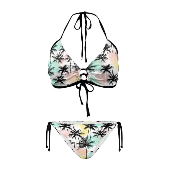 Chririnla Women's Halter Neck Triangle Bikini Set Tropical Palm Tree Print with Pastel Gradient Quick Dry, Tie Side Swimwear for Beach Vacation