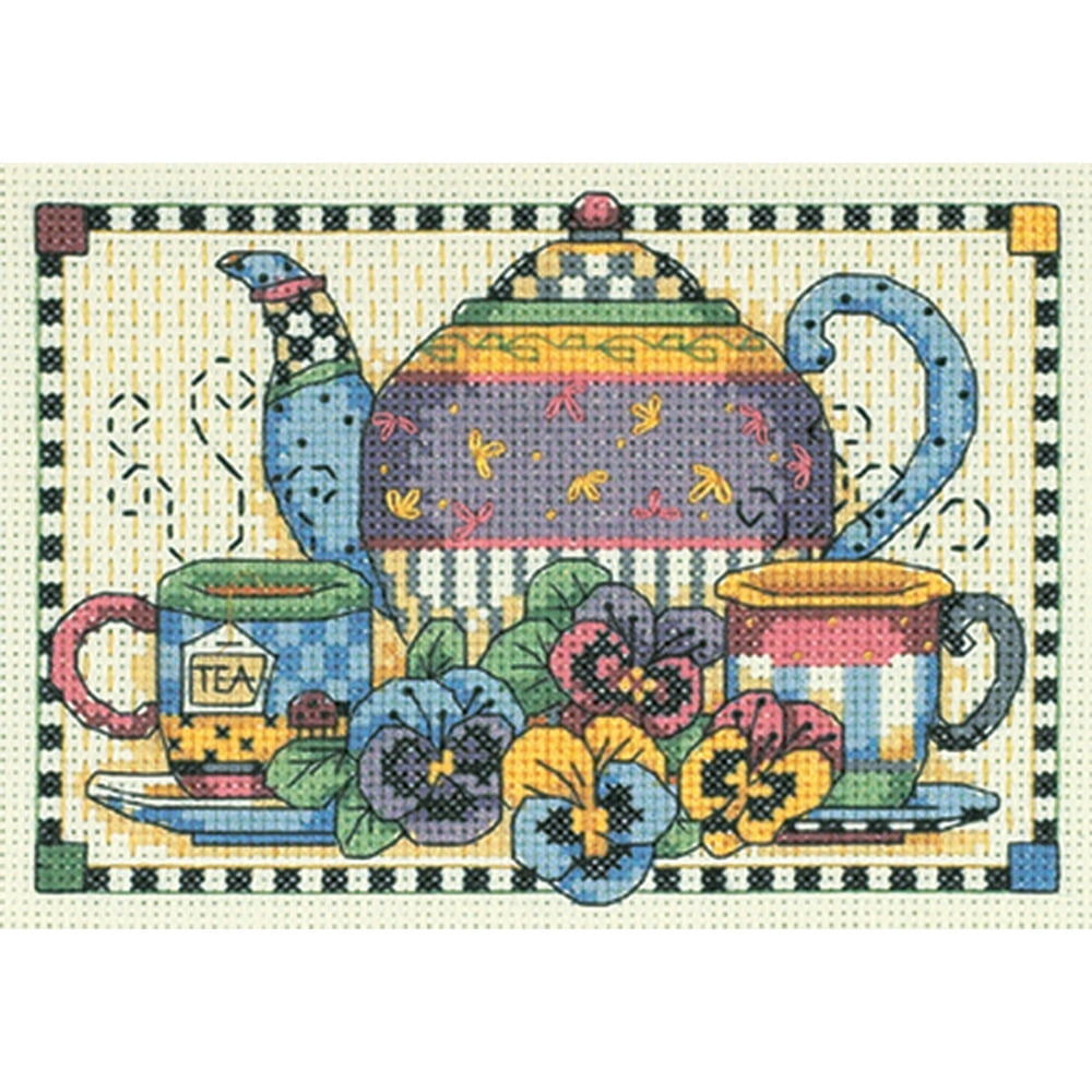 Dimensions Teatime Pansies Mini Counted Cross Stitch Kit, 7 Dimensions Teatime Pansies Mini Counted Cross Stitch Kit, 7