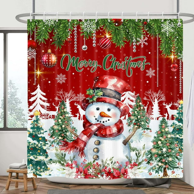Red Christmas Shower Curtain, Winter Christmas Snowman Shower Curtain