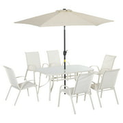 Outsunny Ensemble de salle à manger 8 pièces avec parasol 6 chaises et table à manger rectangulaire, meubles d'extérieur terrasse crème